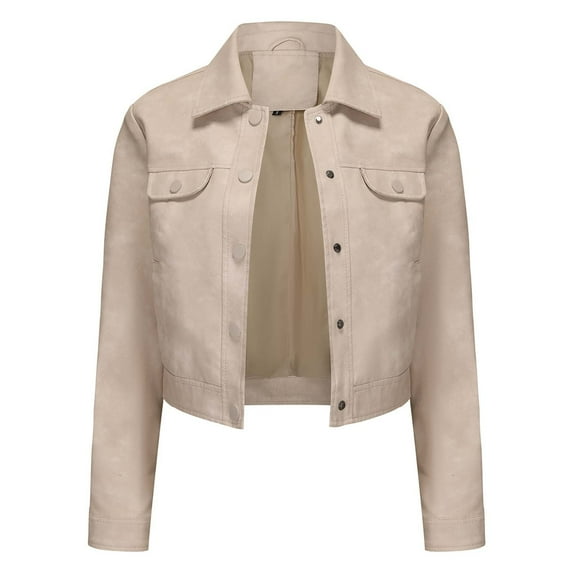 Scyoekwg Womens Coats Leather Jacket Moto Biker Coat Long Sleeve Trendy Casual Solid Color Button Lapel Short Leather Coats Fall Coats Vintage Coats(Beige,M)