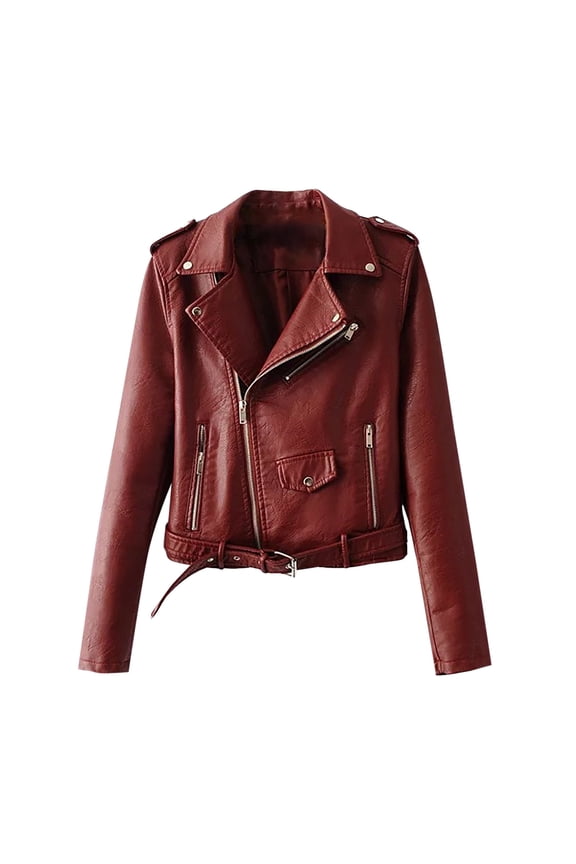 Womens Coats Leather Jacket Moto Biker Coat Zipper Lapel Short Leather Coats Vintage Long Sleeve Fall Coats Casual Solid Color Trendy Coats(Wine,S)