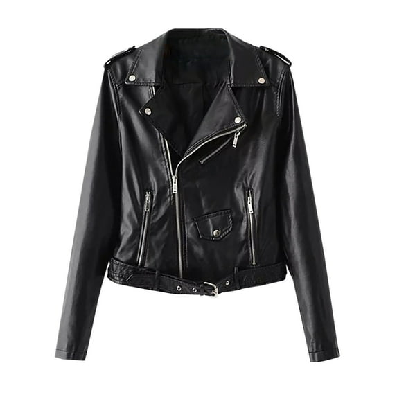 Scyoekwg Womens Coats Leather Jacket Moto Biker Coat Zipper Lapel Short Leather Coats Vintage Long Sleeve Fall Coats Casual Solid Color Trendy Coats(Black,XL)