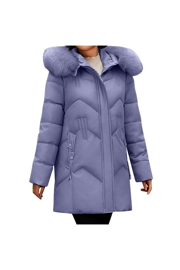 Womens Coats Plus Size Winter Zipper Plus Thickened Fleece Warm Jacket Long Cotton Coat Solid Color Outwear Casual Loose Long Sleeve Outerwear (Purple,XXL)