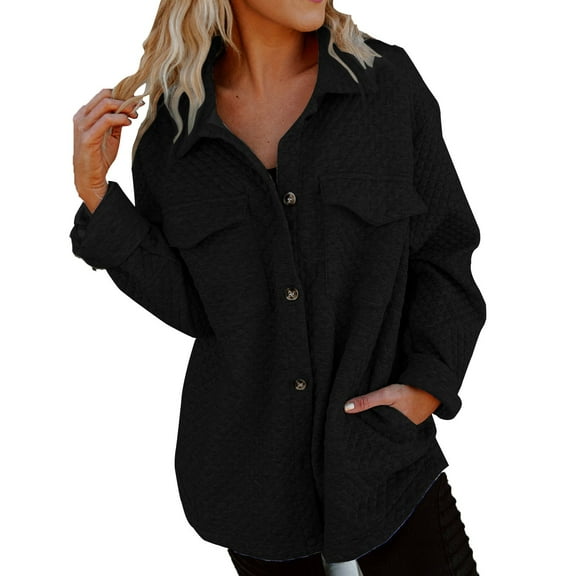 Scyoekwg Womens Coats Solid Color Trendy Lightweight Casual Lapel Button Jacket Loose Fall Coats Long Sleeve Outerwear(Black,L)