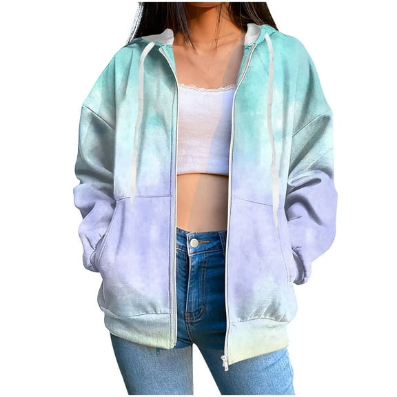Scyoekwg Womens Coats Trendy s Hoodies Dressy Casual Loose Gradient Color Graphic Sweatshirt Long Sleeve Hooded Zipper Drawstring Fleece Coats with Pocket Pullover(Light Blue,L)