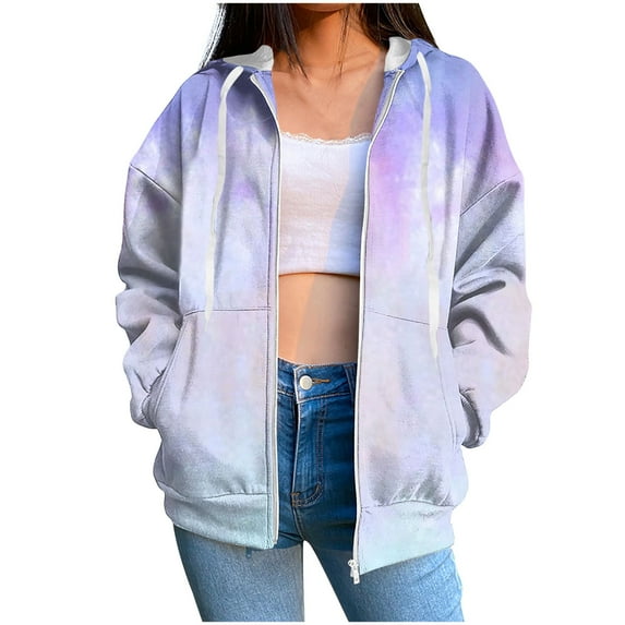 Scyoekwg Womens Coats Trendy s Hoodies Dressy Casual Loose Gradient Color Graphic Sweatshirt Long Sleeve Hooded Zipper Drawstring Fleece Coats with Pocket Pullover(Purple,XL)