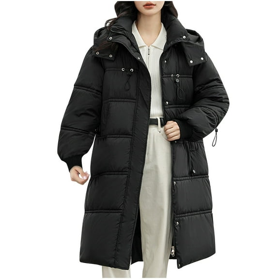 Scyoekwg Womens Coats Winter Thickened Warm Jackets Zippered Long Cotton Coat Long Sleeve Solid Color Casual Outwear Loose Winter Warm Jackets Outerwear (Black,L)
