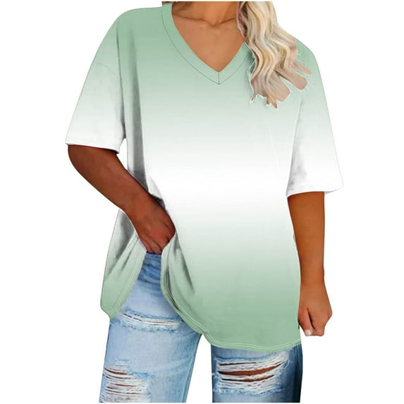 Scyoekwg Womens Comfy Clothes Round Neck Oversized Tee Loose Lightweight Gradient Color Trendy Blouses (Green,XL)