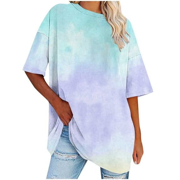 Scyoekwg Womens Comfy Clothes Round Neck Oversized Tee Trendy Lightweight Comfy Loose Gradient Color Blouses (Blue,XL)