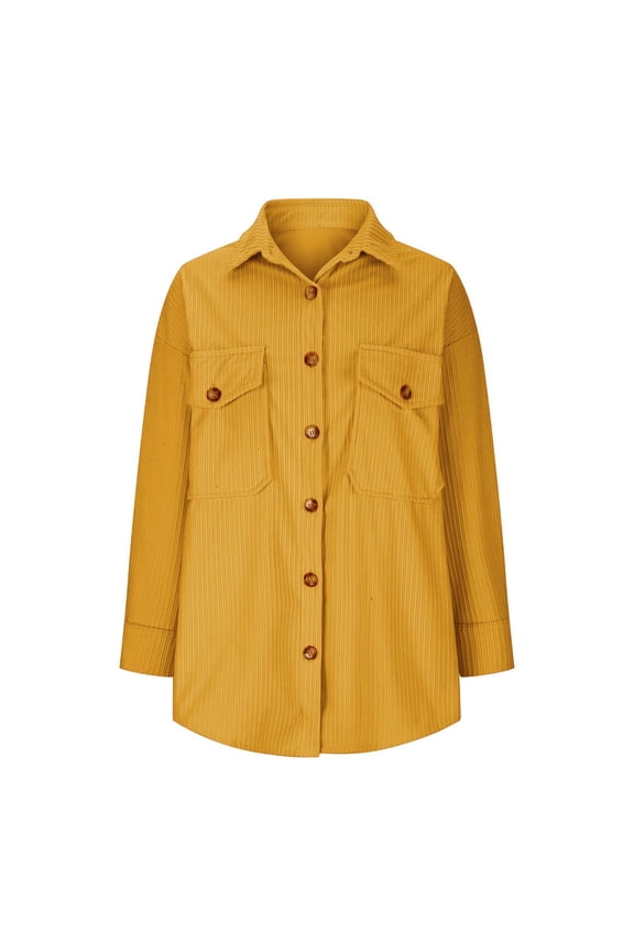 Womens Corduroy Shackets Button Down Jackets Tops Spring Fall Trendy Lapel Collar Long Sleeve Shirts with Pockets (Yellow,XXL)