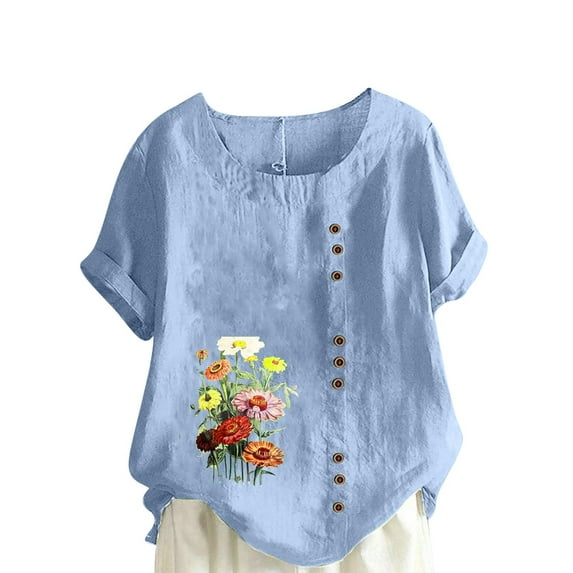 Scyoekwg Womens Cotton Linen Tops Summer Short Sleeve Plus Size Round Neck T Shirts Buttons Casual Loose Floral Graphic Tees Roll Up Sleeve Shirts #C=Light Blue S
