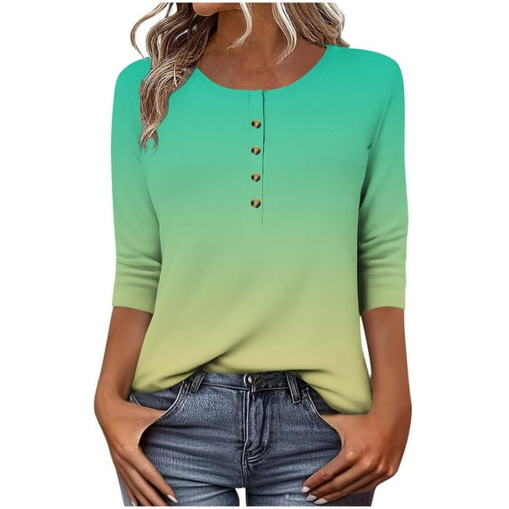 Scyoekwg Womens Crew Neck 3/4 Sleeve Tops Casual Basic Button T-Shirts Gradient Color Loose Cute Tunic Tee Blouses Pullover (Green,XXL)
