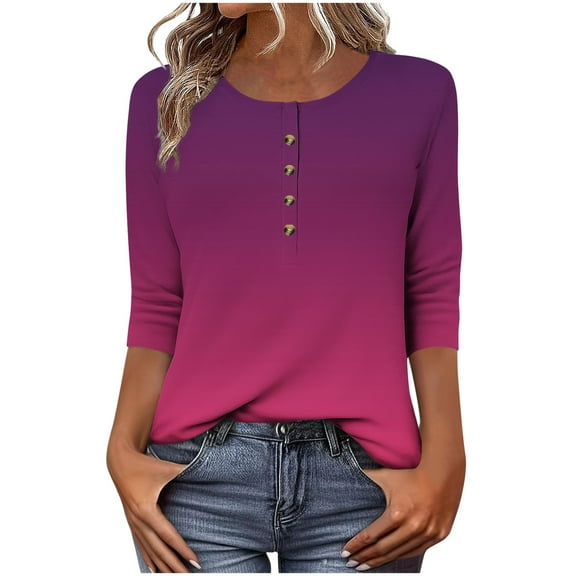 Scyoekwg Womens Crew Neck 3/4 Sleeve Tops Casual Basic Button T-Shirts Gradient Color Loose Cute Tunic Tee Blouses Pullover (Hot Pink,XL）