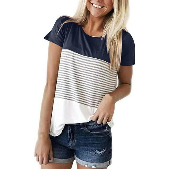 Scyoekwg Womens Crew Neck Short Sleeve T Shirts Trendy Color Block Striped T-Shirt Casual Loose Fashion Tee Tops Blouses (Navy,L)