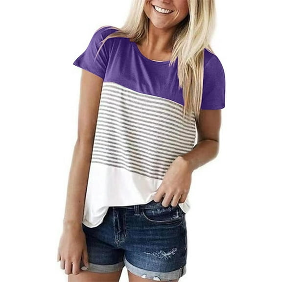 Scyoekwg Womens Crew Neck Short Sleeve T Shirts Trendy Color Block Striped T-Shirt Casual Loose Fashion Tee Tops Blouses (Purple,XXL）