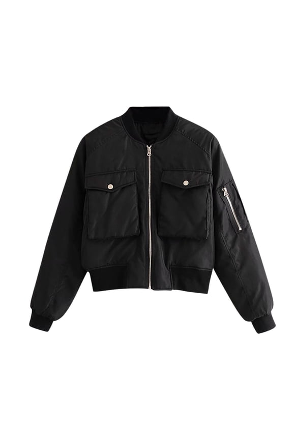 Womens Cropped Zip Up Jacket Fall Fashion Long Sleeve Puffer Jackets Casual Winter Coats with Pockets (Black,S)