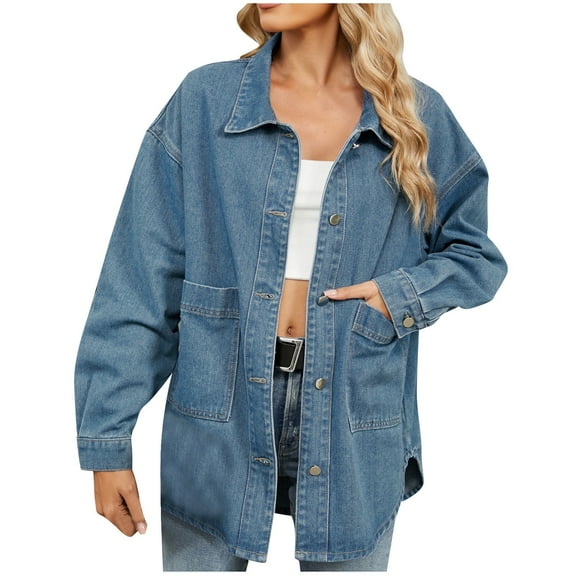 Scyoekwg Womens Denim Jackets Lightweight Loose Long Sleeve Casual Trendy Fall Coats Solid Color Button Turndown Collar Denim Coats Outerwear(Blue,L)