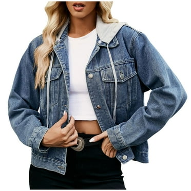 Scyoekwg Womens Denim Jackets Long Sleeve Fall Coats Casual Lightweight Solid Color Button Drawstring Denim Hooded Jacket Loose Trendy Outerwear(Blue,M)