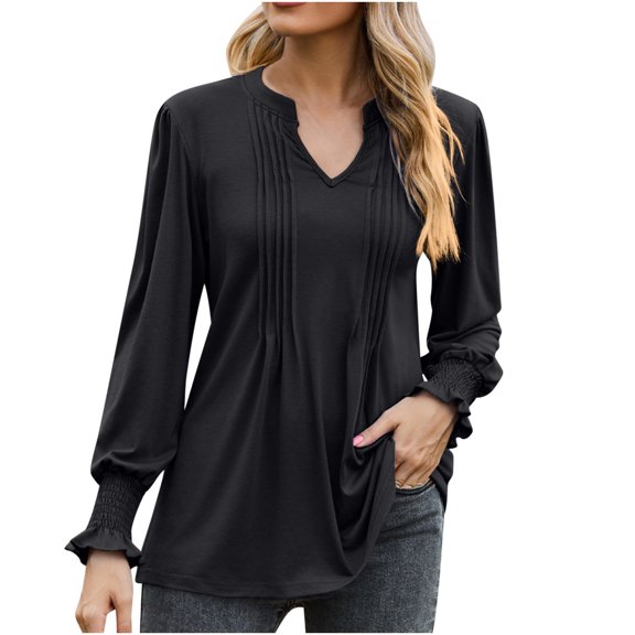 Scyoekwg Womens Dressy Blouses V-Neck Pleated Tunic Shirts Loose Fall Trendy Solid Color Long Sleeve T Shirts Lightweight Dressy Casual Blouses Pullover (Black,XL)