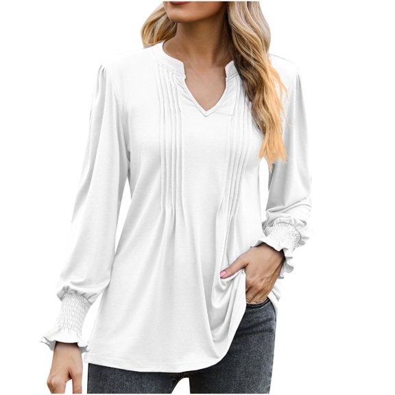 Scyoekwg Womens Dressy Blouses V-Neck Pleated Tunic Shirts Loose Fall Trendy Solid Color Long Sleeve T Shirts Lightweight Dressy Casual Blouses Pullover (White,L)