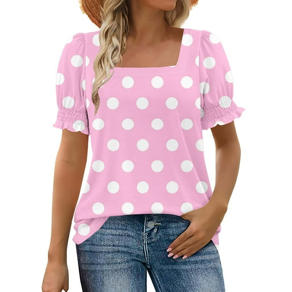 Scyoekwg Womens Dressy Tops Casual Puff Short Sleeve Shirts Polka Dots Print Square Neck Tshirts Summer Trendy Loose Fit Blouses (Pink,XXL)