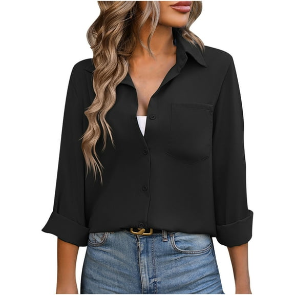 Scyoekwg Womens Dressy Tops Lapel Button Shirts Tops for Women Trendy Loose Tshirt Lightweight Long Sleeve Solid Color Blouses (Black,M)