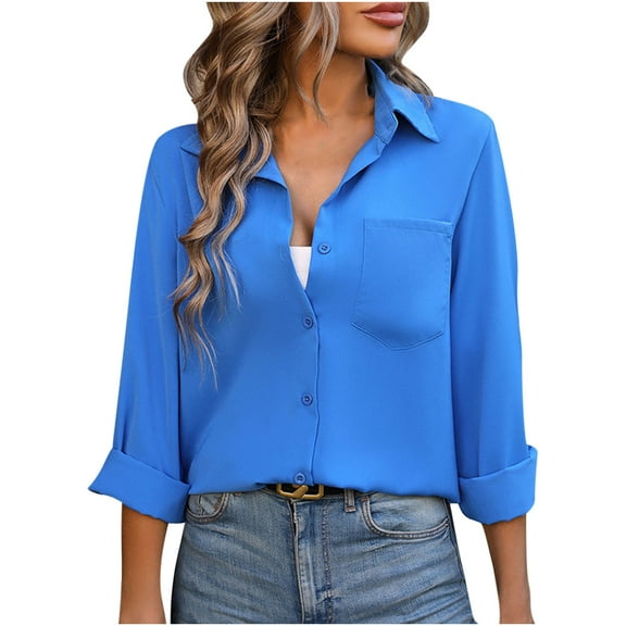 Scyoekwg Womens Dressy Tops Lapel Button Shirts Tops for Women Trendy Loose Tshirt Lightweight Long Sleeve Solid Color Blouses (Blue,S)