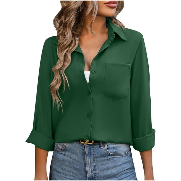 Scyoekwg Womens Dressy Tops Lapel Button Shirts Tops for Women Trendy Loose Tshirt Lightweight Long Sleeve Solid Color Blouses (Green,L)