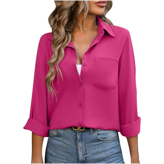 Scyoekwg Womens Dressy Tops Lapel Button Shirts Tops for Women Trendy Loose Tshirt Lightweight Long Sleeve Solid Color Blouses (Hot Pink,S)