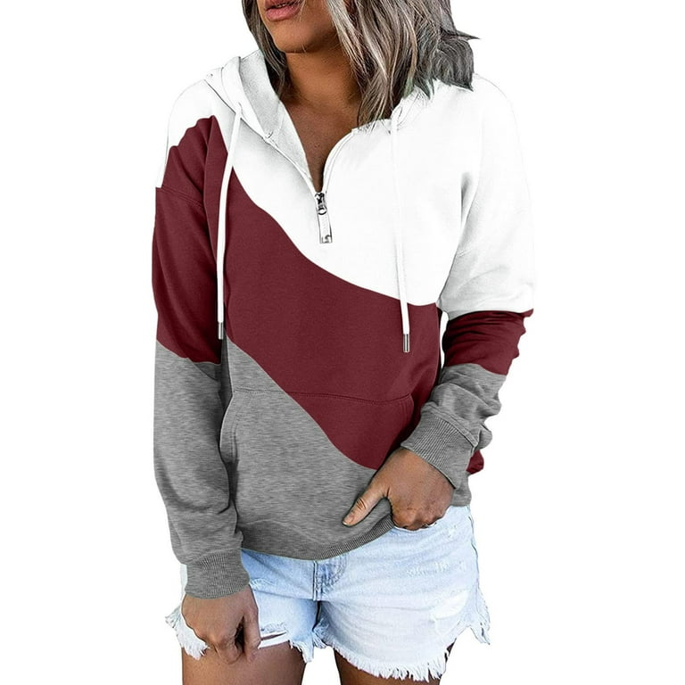 Scyoekwg Womens Fall Fashion 2022 Hoodies for Women Long Sleeve Casual  Color Block Zipper Hooded Drawstring Sweatshirts Tops with Pockets  #B02-Wine XL 