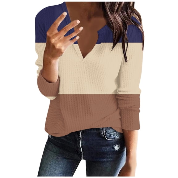 Scyoekwg Womens Fall Fashion 2025 Long Sleeve Dressy Casual Trendy Comfy Clothes for Women Loose Color Block Graphic Tee V-Neck Tunic Tops Pullover Tops (Khaki,M)
