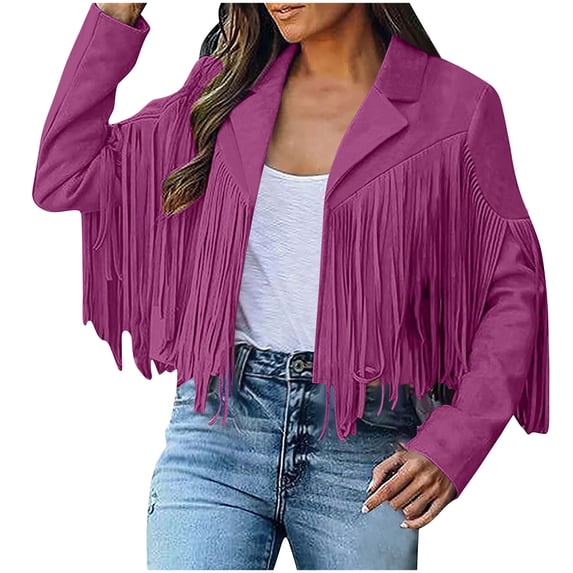 Scyoekwg Womens Fall Jackets Suede Fringe Jacket Long Sleeve Leather Coat Fashion Cropped Coats Western Outfits (Hot Pink,XL)