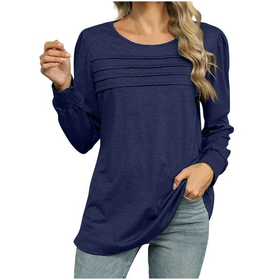 Scyoekwg Womens Fall Long Sleeve Shirts Crewneck Lightweight Tunic Tops Vintage Solid Color Loose Fall Clothes Fashion Dressy Casual Blouses Pullover Tops(Navy,M)