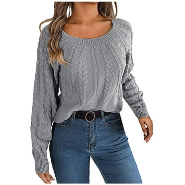 Scyoekwg Womens Fall Sweaters Fall Winter Clothes Crewneck Sweater Long Sleeve Warm Casual Solid Color Knitted Sweater Pullover Sweaters(Gray,L)