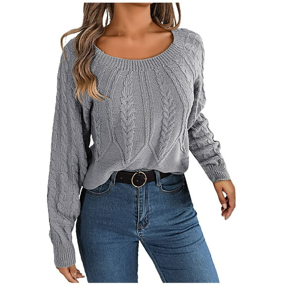 Scyoekwg Womens Fall Sweaters Fall Winter Clothes Crewneck Sweater Long Sleeve Warm Casual Solid Color Knitted Sweater Pullover Sweaters(Gray,L)