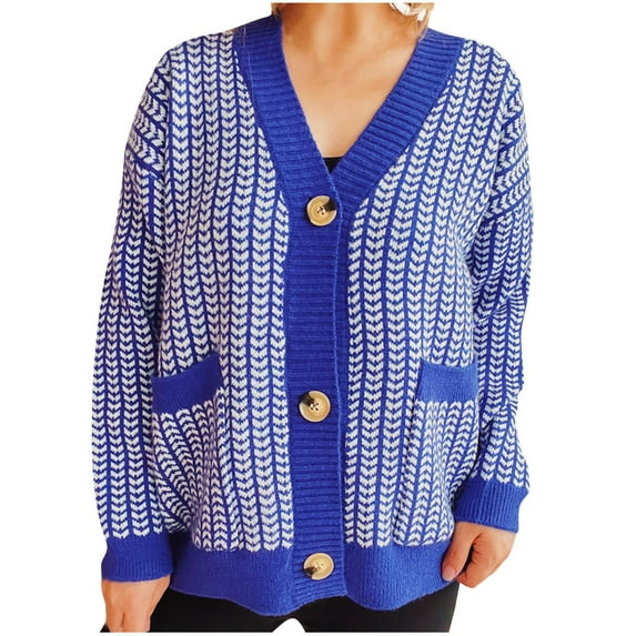 Scyoekwg Womens Fall Sweaters V-Neck Sweater Warm Casual Long Sleeve Fall Winter Clothes Color Block Knitted Sweater Pullover Sweaters(Blue,M)