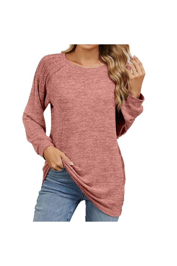Womens Fall Tops Crewneck Lightweight Pleated Tunic Tops Loose Fashion Dressy Casual Blouses Vintage Long Sleeve Tops Fall Clothes Solid Color Pullover(Pink,M)