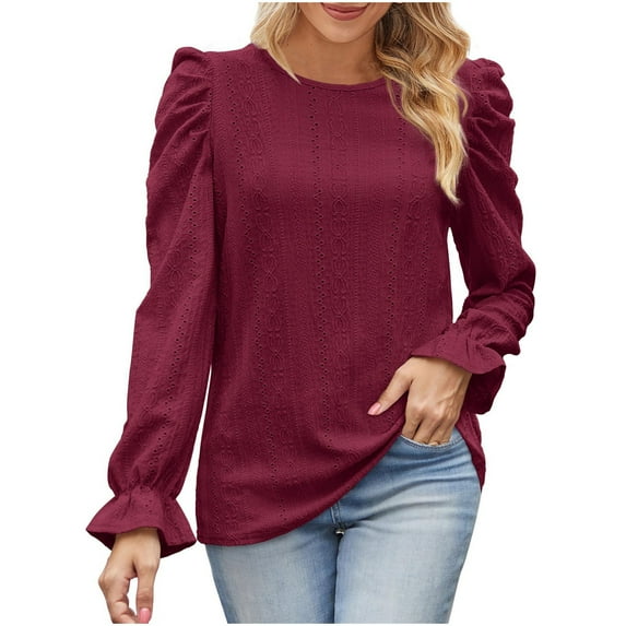 Scyoekwg Womens Fall Tops Dressy Casual Cewneck Hollowed Out Bubble Sleeved Elegant Shirts Long Sleeve Tops Lightweight Solid Color Loose Pullover (Red,L)