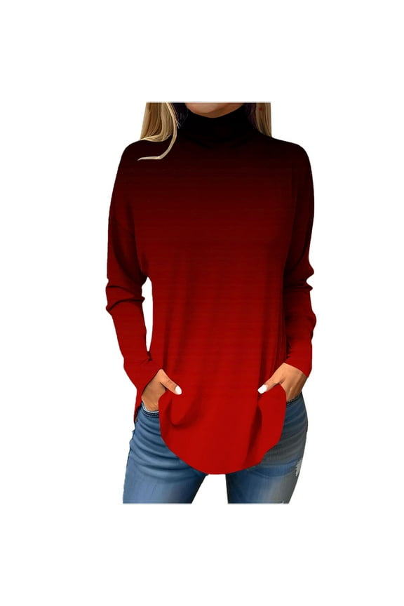 Womens Fall Tops Dressy Casual High Neck Basic Dressy Tunic Shirts Long Sleeve Tops Gradient Color Graphic Tee Fall Clothes Comfy Loose Vintage Lightweight Blouses