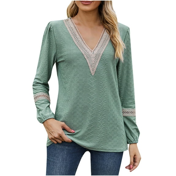 Scyoekwg Womens Fall Tops Dressy Casual V-Neck Crochet Lace Trim Tunic Tops Solid Color Comfy Fall Clothes Long Sleeve Tops Loose Lightweight Pullover (Green,L)