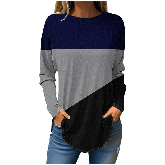 Scyoekwg Womens Fall Tops Long Sleeve Cewneck Dressy Tops for Leggings Lightweight Vintage Casual Fall Clothes Loose Color Block Patchwork Graphic Tee Blouses