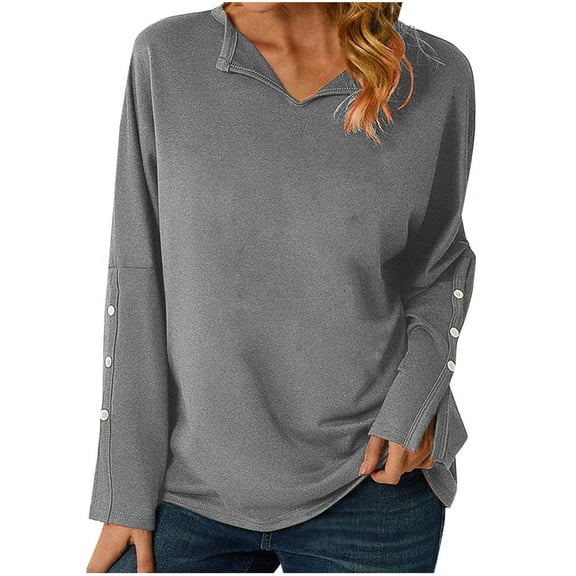 Scyoekwg Womens Fall Tops Long Sleeve Comfy Clothes for Women V-Neck Button Basic Tops Pullover Tops Trendy Dressy Casual Loose Solid Color Blouses(Gray,M)