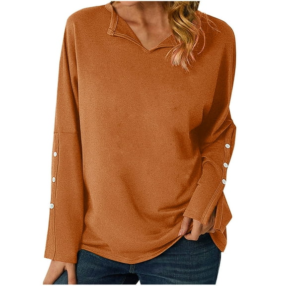 Scyoekwg Womens Fall Tops Long Sleeve Comfy Clothes for Women V-Neck Button Basic Tops Pullover Tops Trendy Dressy Casual Loose Solid Color Blouses(Orange,L)
