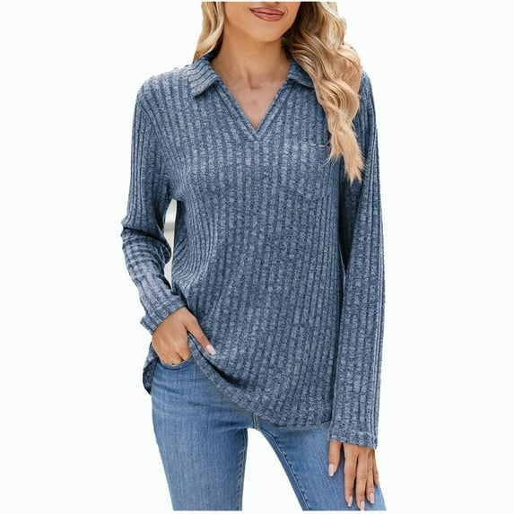 Scyoekwg Womens Fall Tops V-Neck Button Knitted Pullover Top Long Sleeve Tops Vintage Loose Solid Color Fall Clothes Dressy Casual Blouses Fashion Tops(Blue,XXL)