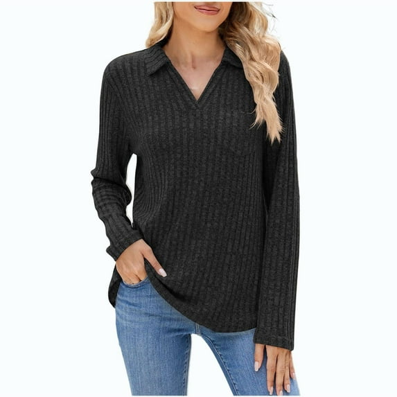 Scyoekwg Womens Fall Tops V-Neck Button Knitted Pullover Top Long Sleeve Tops Vintage Loose Solid Color Fall Clothes Dressy Casual Blouses Fashion Tops(Black,L)