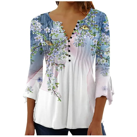 Scyoekwg Womens Fall Trendy 3/4 Sleeve Tops Loose Fit V-Neck Buttoned Ruched Corset Tunic Tops Pleated T-shirts Lightweight Floral Print Graphic Tee Casual Pullover Clearance #0A=Light Blue XXL(12)