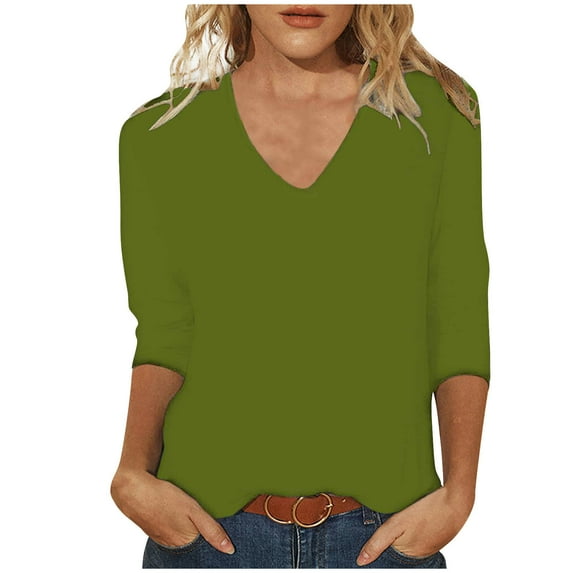 Scyoekwg Womens Fall Trendy 3/4 Sleeve Tops Solid Color Lightweight V-Neck Three Quarter Sleeve T Shirt Casual Loose Fit Blouse Tops Army Green L(8)
