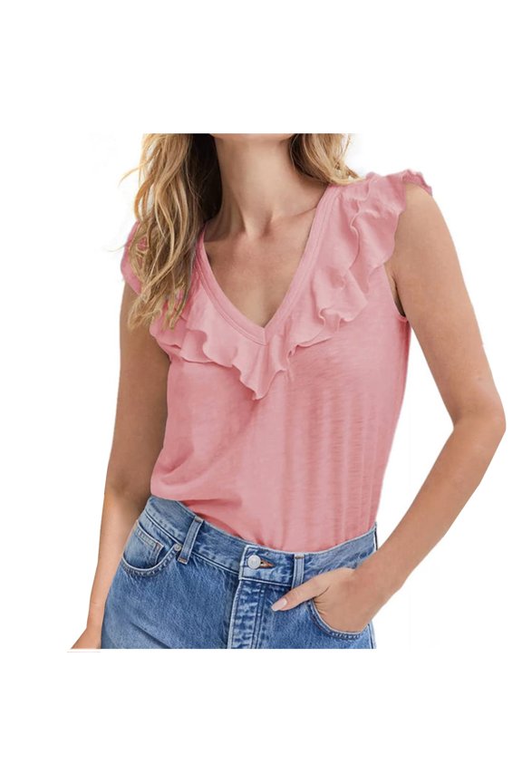 Womens Fashion Tank Top Slim Sling V-Neck Ruffles Tank Tops Casual Dressy Blouse Sleeveless Solid Color Suspenders Summer T Shirts (Pink,L)