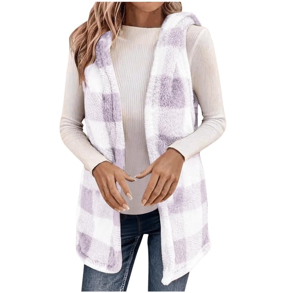 Scyoekwg Womens Fleece Cardigan Vest Fall Winter Fashion Hooded Sleeveless Jacket Coat Plaid Printed Thermal Warm Outerwear (Purple,S)