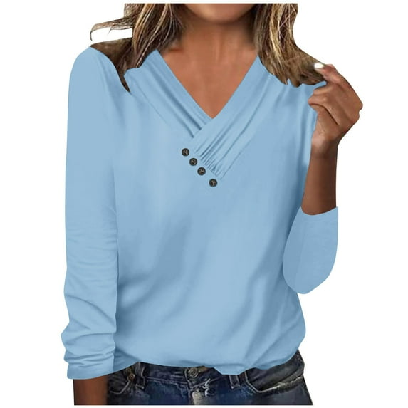 Scyoekwg Womens Going Out Tops Long Sleeve V-Neck Button Up Tops Solid Color Fall Clothes Vintage Casual Lightweight Loose Pullover