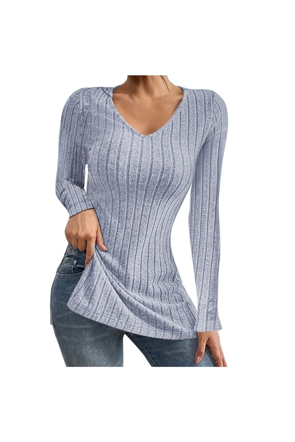 Womens Going Out Tops Long Sleeve V-Neck Split Hem Tee Top Basic Ribbed Knit Slim Fit T-Shirts Fall Clothes Lightweight Vintage Solid Color Casual Blouses