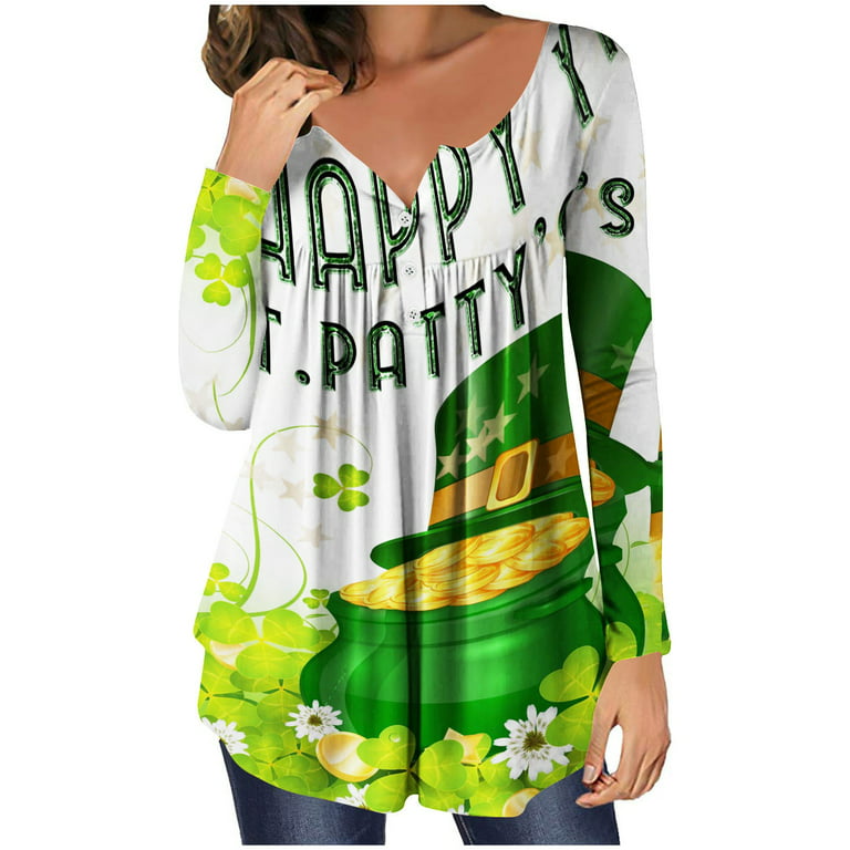 Scyoekwg Womens Holiday Tops Long Sleeve St. Patrick's Day Shirt Crewneck  Spring Casual Loose Lightweight Pullover Tops St. Patrick's Day Print Shirt  Trendy Graphic Tees Mint Green XXL 