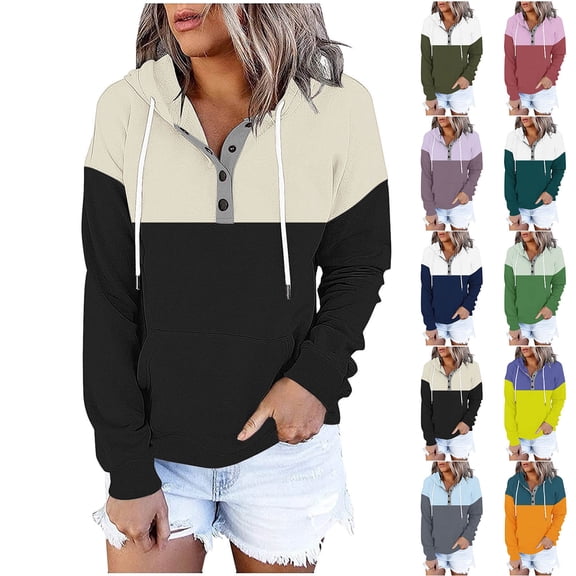 Scyoekwg Womens Hoodies Button Collar Drawstring Hooded Pullover Sweatshirt Color Block Graphic Sweatshirts Casual Long Sleeve Fall Sweatshirt with Pockets (Army Green,L)